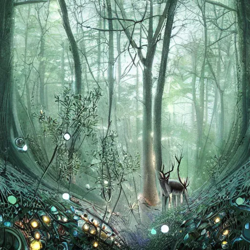 Image similar to a cybernetic ecology. joined back to nature, all watched over by machines of loving grace. a cybernetic forest filled with pines and electronics where deer stroll peacefully past computers as if they were flowers with spinning blossom oil on canvas, masterpiece, trending on artstation, featured on pixiv, cinematic composition, dramatic pose, beautiful lighting, sharp, details, hyper-detailed, HD, HDR, 4K, 8K