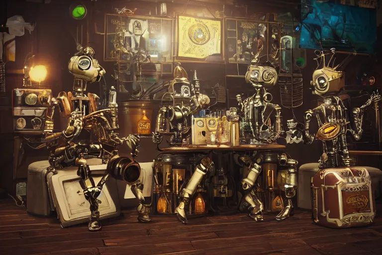 Image similar to backstage at a festival, 3 drunk steampunk robot musicians sitting on chairs, table with many bottle of beer and wiskey, exaggerated detailed, unreal engine