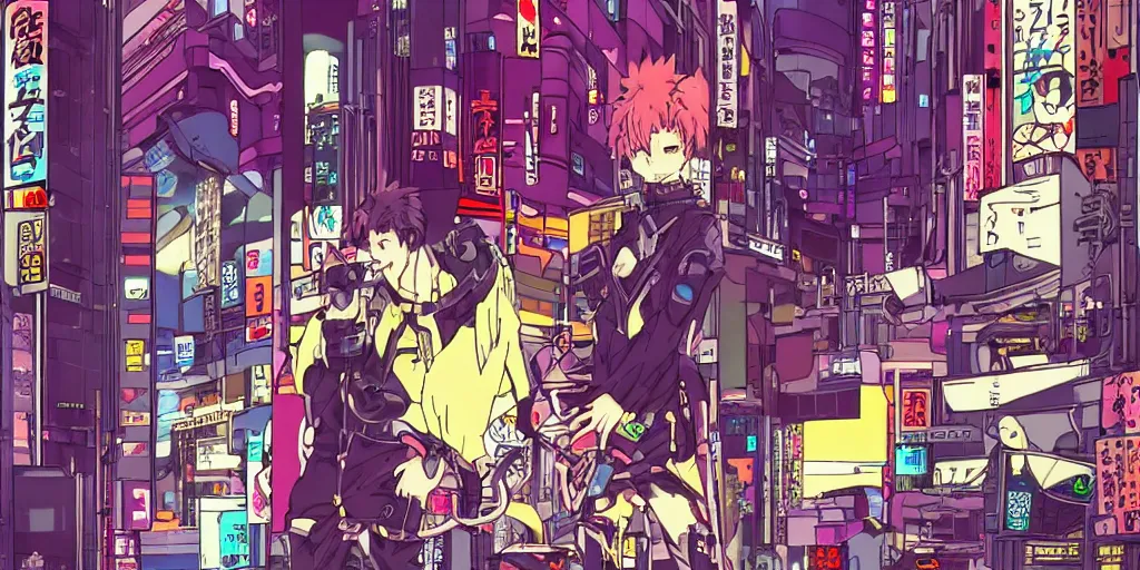Image similar to a cyberpunk cat. 9 0 s. japan anime style.