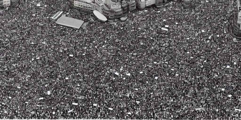 Prompt: a crowd of 6 0, 0 0 0 protesting around the plateau palace, brazil, bird's eye view, polaroid, 6 0's, hyperrealism, no blur, 4 k resolution, ultra detailed