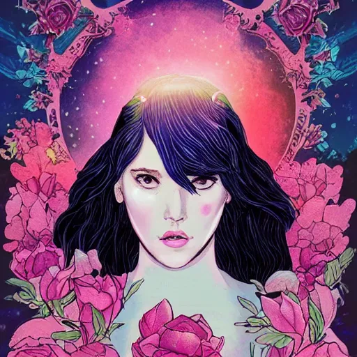 Image similar to Rosa the Oath Seeker, highly detailed illustrated poster, character design, in the style of graphic novel by Ödön Márffy, background of a groove of cherry blossoms by Kelly Mckernan, in the style of a vaporwave dream