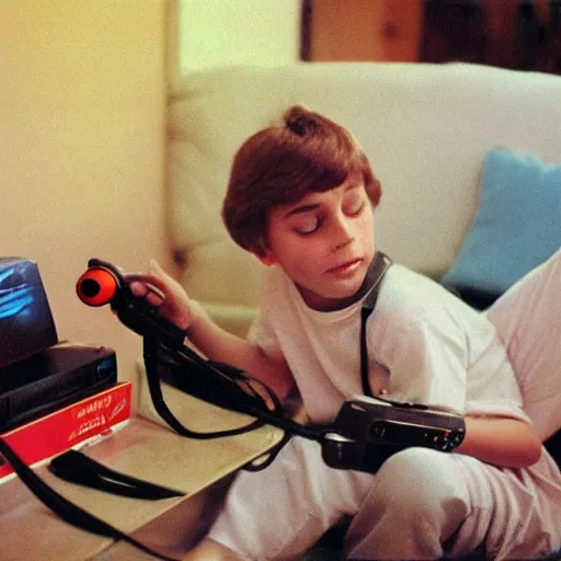 Prompt: child playing video games getting sucked into the world, 8 0 s style retro