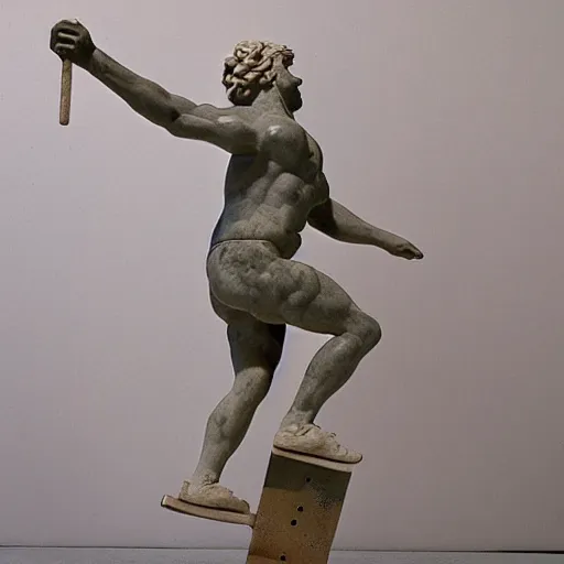 Prompt: greek marble statue riding a skateboard with 3 d shapes in the background, vibrant 9 0 s art