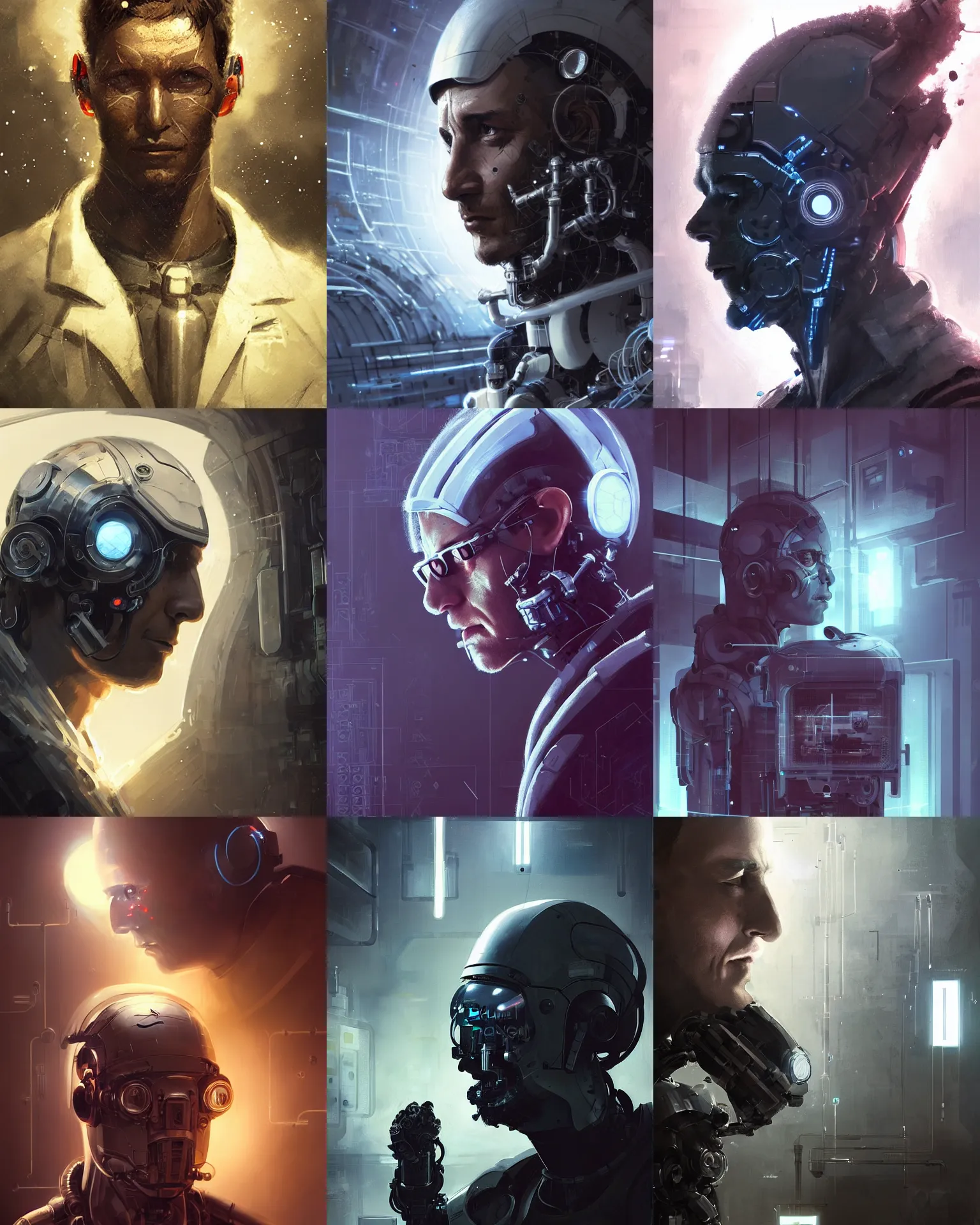 Prompt: a laboratory operator man with cybernetic enhancements seen from distance, scifi character portrait by greg rutkowski, craig mullins, 1 / 4 headshot, cinematic lighting, dystopian scifi gear, profile picture, mechanical, cyborg, half robot, space around the character