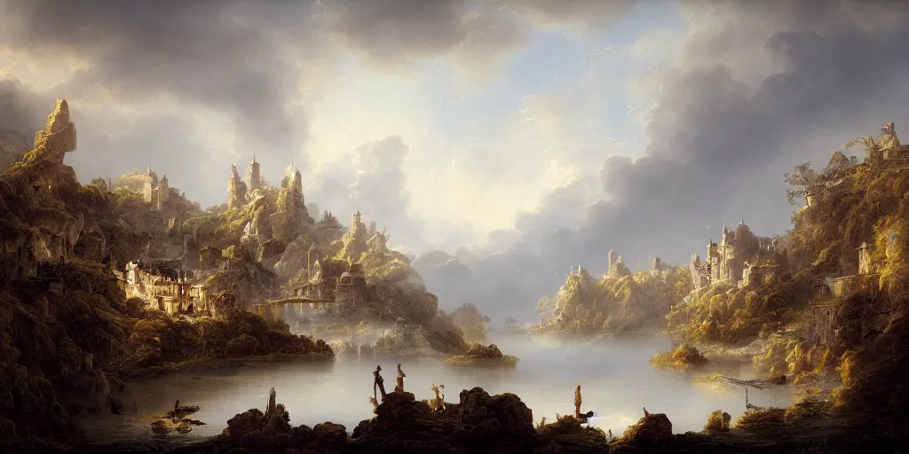 Prompt: digital fantasy openwork lace bridge made of crystal at mountain painting by hubert robert high resolution devianart detailed 8 8 grzes, dreamy, clouds, river, birds on sky, boat