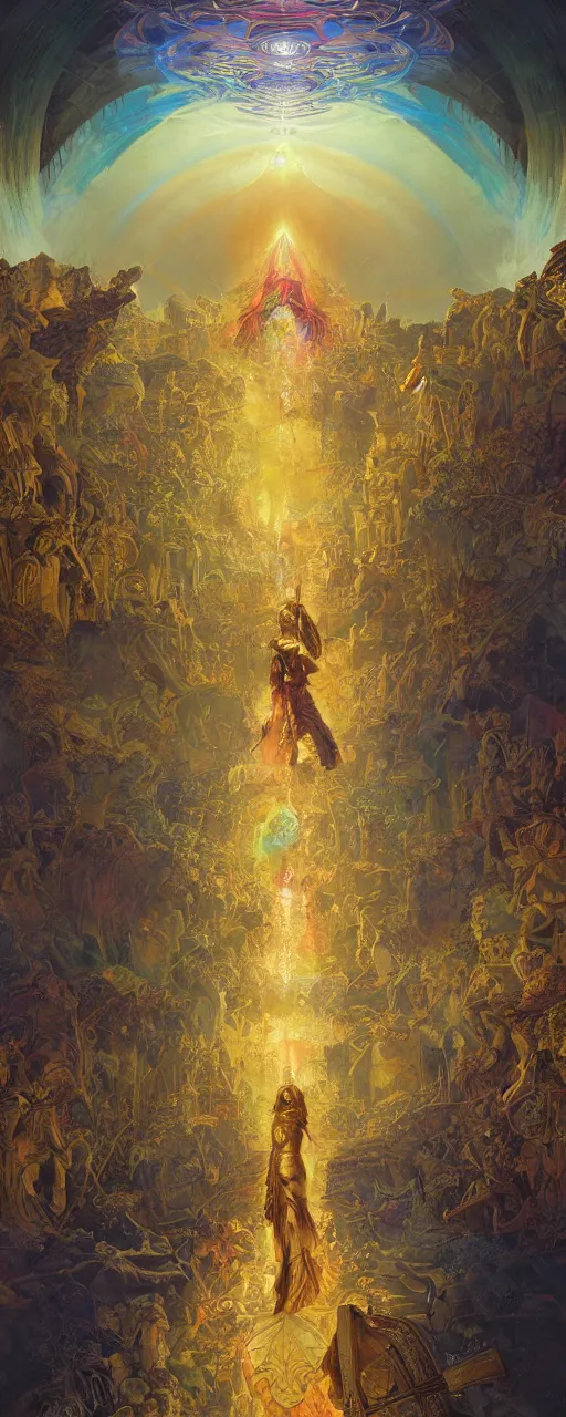 Image similar to war along the path to heaven's gate, coherent design, symmetrical, vivid color, complementary color, golden ratio, detailed, sharp lines, intricate, rainbowshift, by james gurney, by gustave dore, by peter mohrbacher, by alphonse mucha, by maxfield parrish, by deviantart, octane render