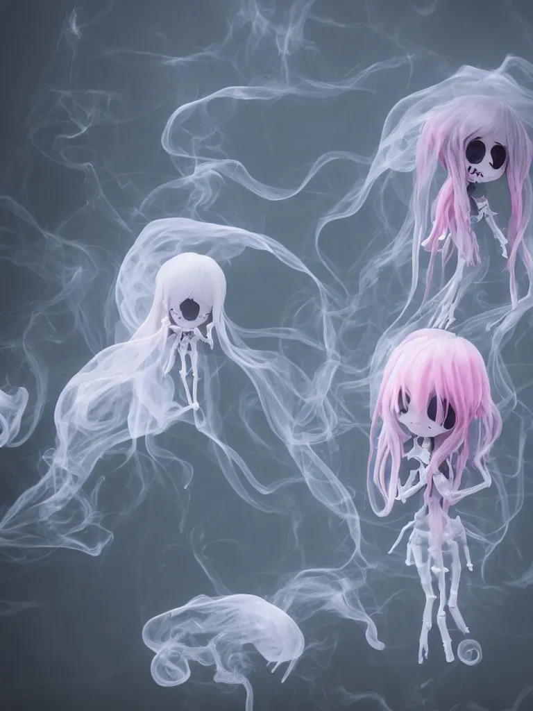 Image similar to cute fumo chibi plush beautiful ectoplasmic gothic skeletal jellyfish ghost girl, glowing milky wisps of hazy smoke and volumetric fog, lens flare, subsurface scattering, vignette, asymmetry, bokeh, refraction, vray