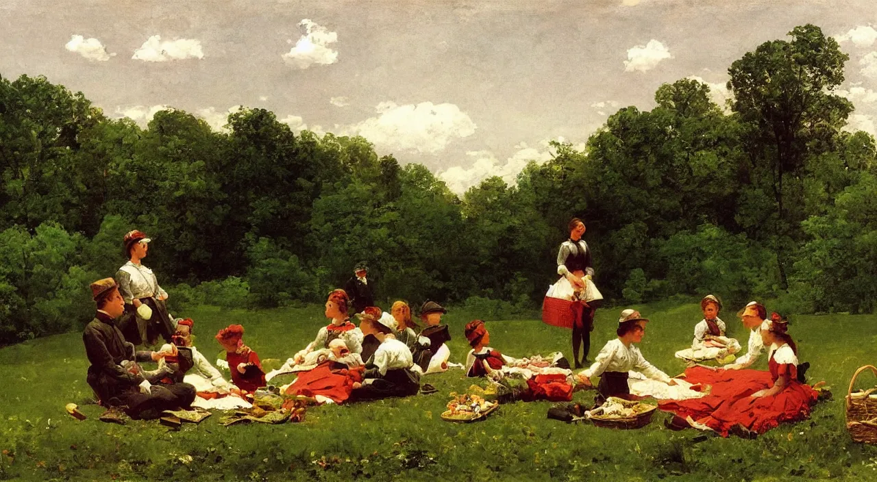 Image similar to the picnic, in Pennsylvania, 1850, painting by Winslow Homer, oil on canvas