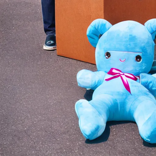 Image similar to blue'snappy gifts'human - sized plush doll, on sidewalk, holding gift, happy atmosphere, high detail, soft lighting, 8 k