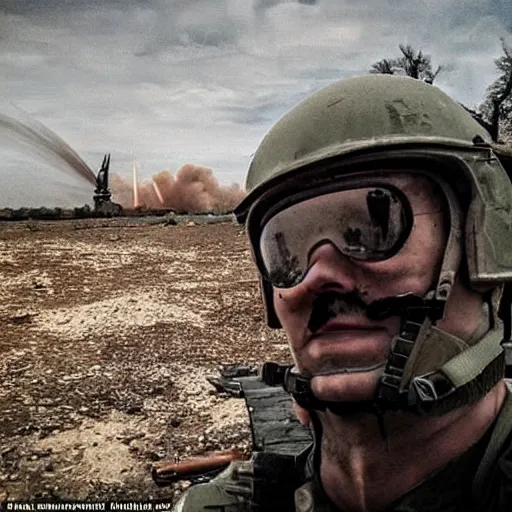 Image similar to an eerie selfie taken in no mans land during ww3 with an explosion far in the background