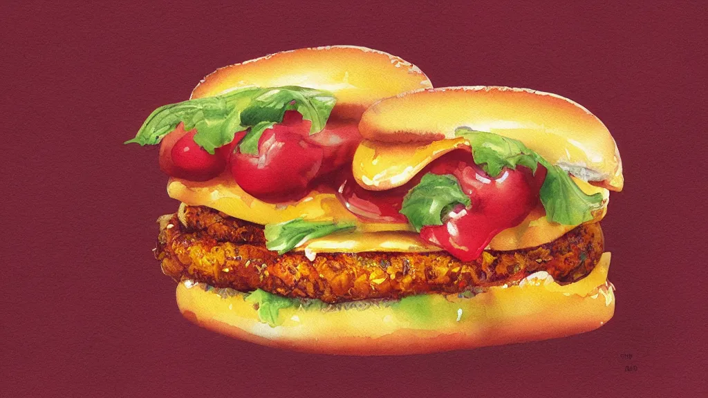 Prompt: cheeseburguer, kseniia yeromenko, rob duenas, watercolor, illustration, red background, highly detailed