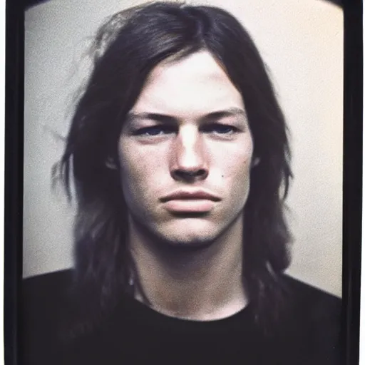 Prompt: Mugshot Portrait of Young David Gilmour, taken in the 1970s, photo taken on a 1970s polaroid camera, grainy, real life, hyperrealistic, ultra realistic, realistic, highly detailed, epic, HD quality, 8k resolution, body and headshot, film still, front facing, front view, headshot and bodyshot, detailed face, very detailed face