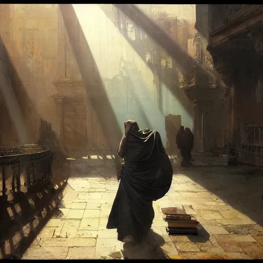 Prompt: half portait of magican wearing a cowl with big old book!, jeremy mann, jean leon gerome, tiepolo, alphonse mucha, greg rutkowski, face in the shadows, ( ( ruins of ancient rome ) ), at dusk, mysterious atmosphere, sunrays, dof, masterpiece, high detailed, 8 k