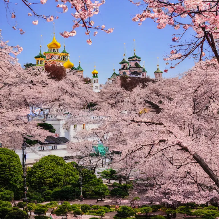 Image similar to photo of japanese sakura garden in the center of moscow with christian temple and kremlin on the background, sony a 7 r