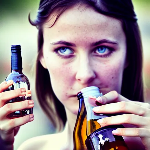 Prompt: lomo photograph, intricate detail, hyper detail, woman, very tired, full body potrait holding bottle, hazel green eyes, realistic, highlydetailed, natural, masterpiece, sharp focus,