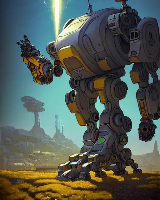 Image similar to bastion the friendly robot from overwatch, character portrait, portrait, close up, concept art, intricate details, highly detailed, vintage sci - fi poster, retro future, in the style of chris foss, rodger dean, moebius, michael whelan, and gustave dore