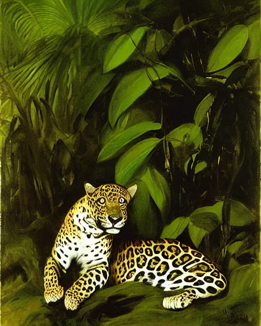 Prompt: Jaguar in a dark misty jungle, painted by John Singer Sargent