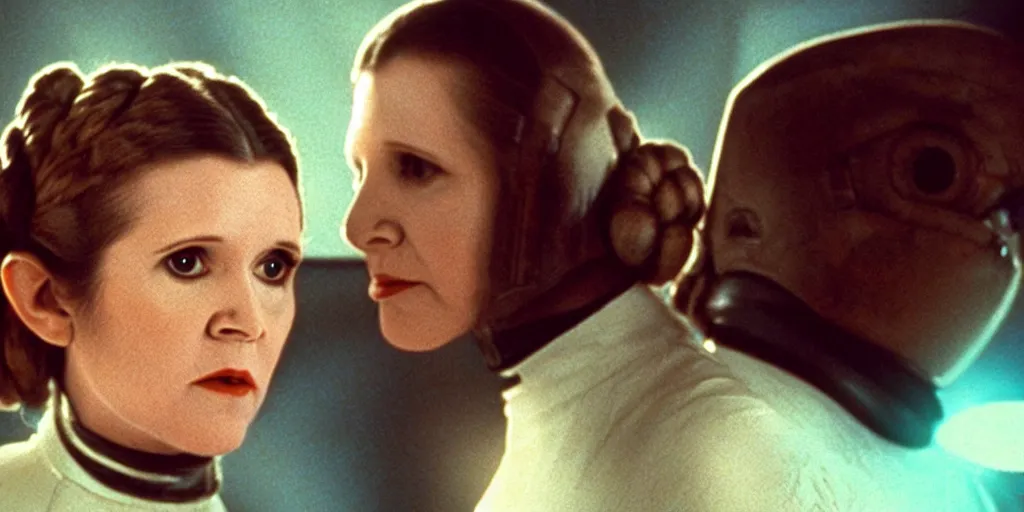 Image similar to a full color still of Carrie Fisher as Leia Organa as a regal Senator in the Galactic Senate with a weird alien friend, cinematic lighting, 1999, directed by Steven Spielberg, 35mm