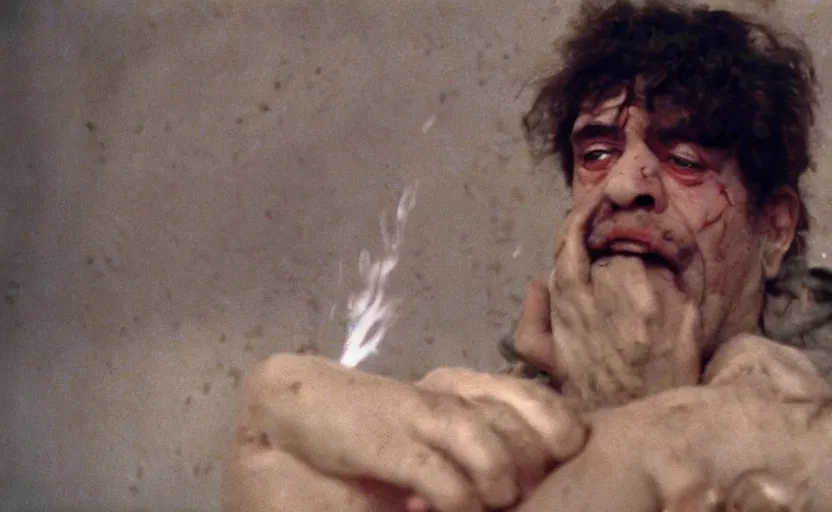 Prompt: a movie still of trashman by walerian borowczyk, portrait, kissing, heavy grain, technicolor, high definition, remastered, 3 5 mm, portrait, cinematic lightning, argentic, scratches, old, torned up