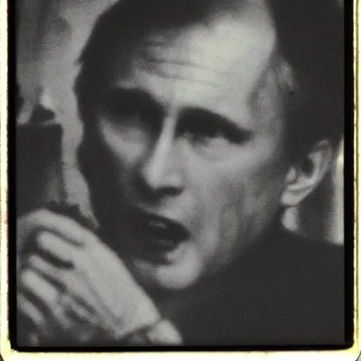 Image similar to vladimir putin is vampire having sharp teeth, is in minerals cave, polaroid black and white picture, 1 9 th century, scary horrifying