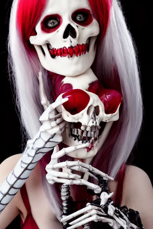 Image similar to beautiful lady skeleton drinking from a blood filled goblet, cosplay, studio lighting