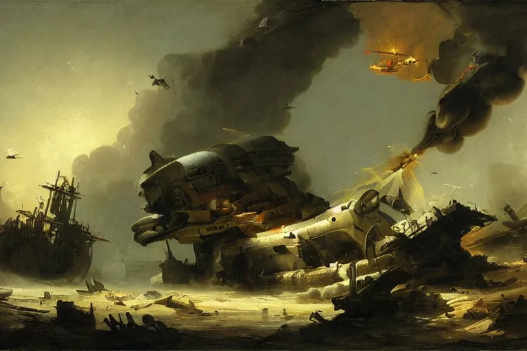 Prompt: starship painting spaceship crashed by hubert robert detailed