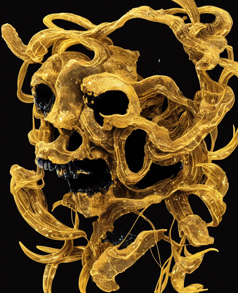 Image similar to fully black background. background hex 000000. goddess princess face close-up portrait ram skull. sculpture made of gold and black charcoal. jellyfish phoenix head, nautilus, orchid, skull, betta fish, bioluminiscent creatures, intricate artwork by Tooth Wu and wlop and beeple. octane render, trending on artstation, greg rutkowski very coherent symmetrical artwork. cinematic, hyper realism, high detail, octane render, 8k