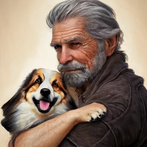 Image similar to portrait of a old, ruggedly handsome man holding a corgi dog, soft hair, muscular, half body, cloth, hairy, d & d, fantasy, intricate, elegant, highly detailed, digital painting, artstation, concept art, smooth, sharp focus, illustration, art by artgerm and greg rutkowski and alphonse mucha