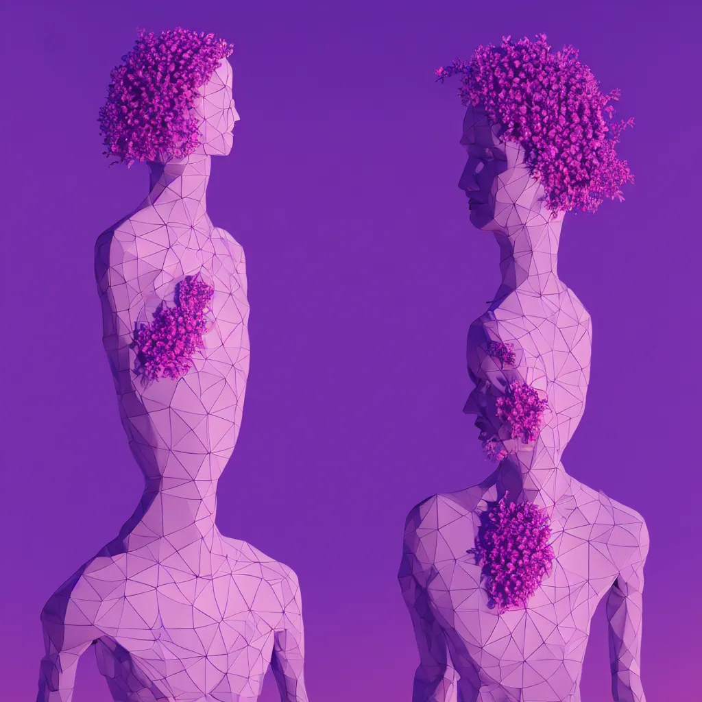 Image similar to beautiful mannequin sculpted out of amethyst by billelis + lit with 3 d geometric neon + facing a doorway opening with neon pink geometric fractal light + flowering hosta plants!!!, moon in background!, rule of thirds, clean linework, dramatic, award winning, 4 k, trending on artstation, photorealistic, volumetric lighting, octane render