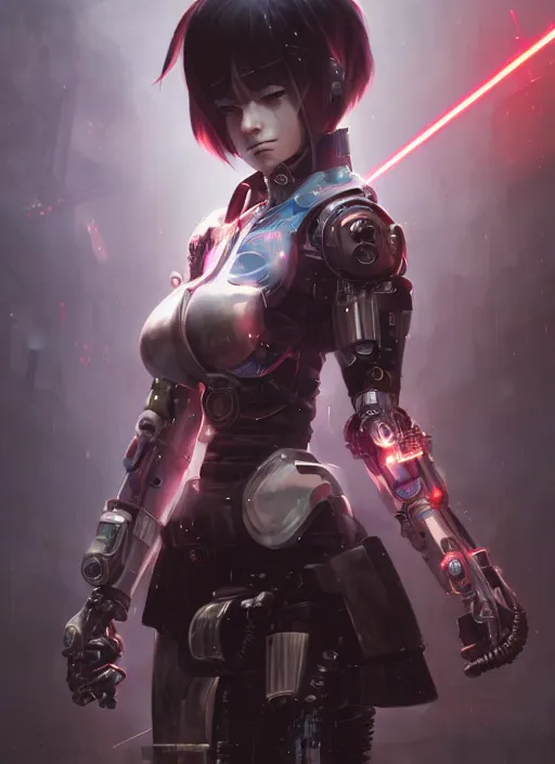 Image similar to cool cyberpunk cyborg samurai girl, battle pose, laser guns, extremely beautiful, detailed portrait, intricate light complexity, concept art by krenz cushart, kyoto animation, wlop. 4 k, beautiful, cinematic dramatic atmosphere, sharp focus, perfect lightning