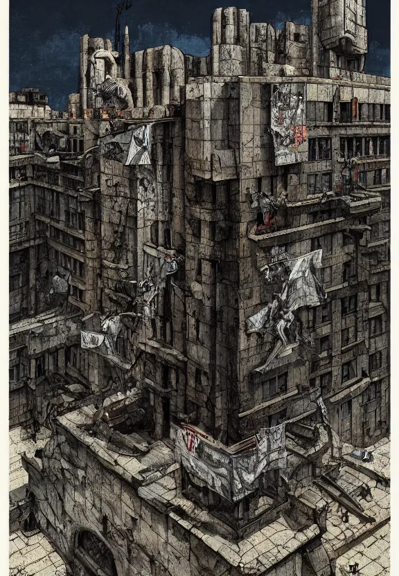 Image similar to [Brutalist bunker adorned with gargoyles and checkered flags. Propaganda poster!, intricate, elegant, highly detailed, digital painting, artstation, concept art, matte, sharp focus, illustration, art by Enki Bilal]