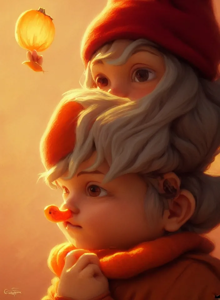 Image similar to hand drawn cute one gnomes face in autumn and pumpkin, detailed closeup face, concept art, low angle, high detail, warm lighting, volumetric, godrays, vivid, beautiful, trending on artstation, art by artgerm and greg rutkowski and alphonse mucha