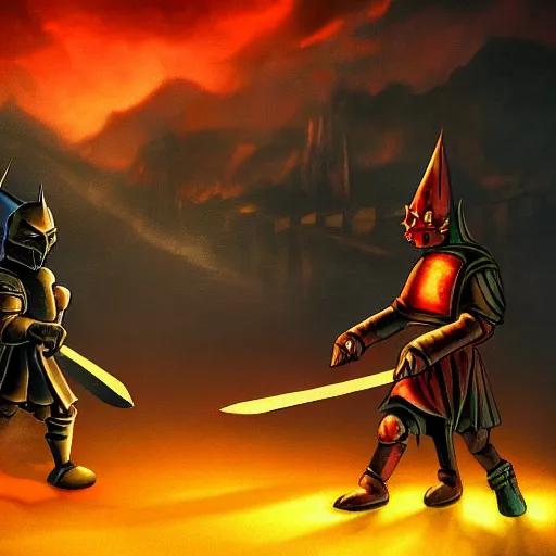 Prompt: demonic knight fighting Bart Simpson, high fantasy painting, realistic, rule of thirds, cinematic, dramatic lighting, epic landscape background 8K