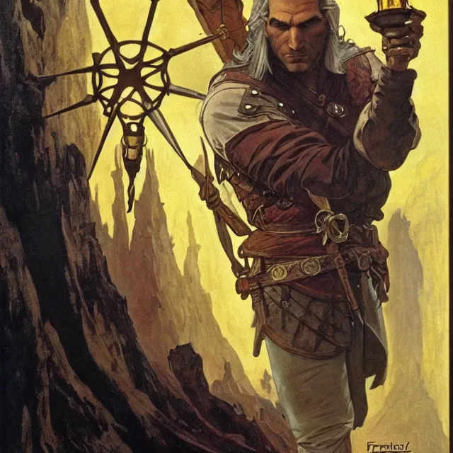 Image similar to an aesthetic! a detailed portrait of geralt of rivia, holding a lantern by frank frazetta and alphonse mucha, oil on canvas, art nouveau dungeons and dragons fantasy art, hd, god rays, ray tracing, crisp contour lines, huhd