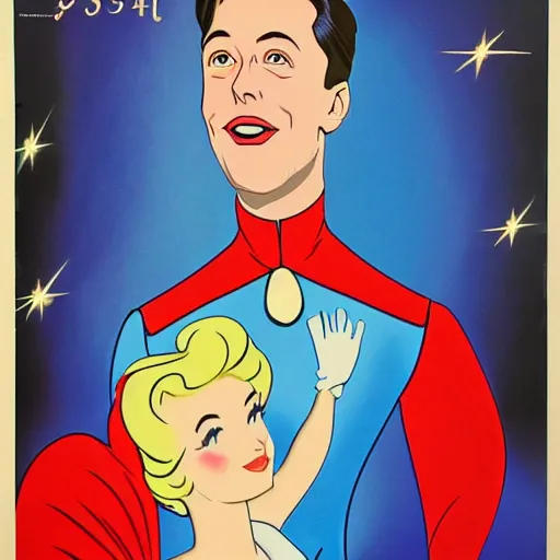 Prompt: portrait of elon musk as cinderella, 1950 disney movie poster, hand drawn animation cel, extremely detailed