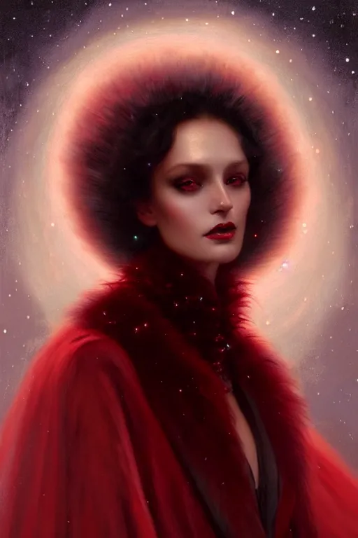 Image similar to Nocturne, glowing, stars, a portrait of a beautiful female shadow djinn creature with long fur collar, highly detailed, mysterious, ethereal, dressed in red velvet, haute couture, illustration, dramatic lighting, soft details, painting, by Edmund Blair Leighton, Brom, Charlie Bowater, trending on artstation, faces by Tom Bagshaw, otto schmidt