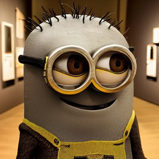 Prompt: photograph of a dry, taxidermied, ancient minion on display in a museum