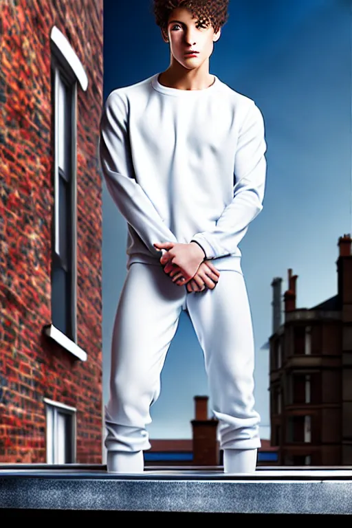 Image similar to un ultra high definition studio quality photographic art portrait of a young man standing on the rooftop of a british apartment building wearing soft padded silver pearlescent clothing. three point light. extremely detailed. golden ratio, ray tracing, volumetric light, shallow depth of field. set dressed.