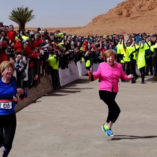 Prompt: angela merkel running marathon in sahara, hands in air, screaming and shouting
