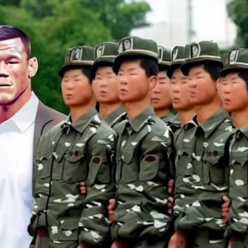 Image similar to john cena head conquered by tiny chinese soldiers