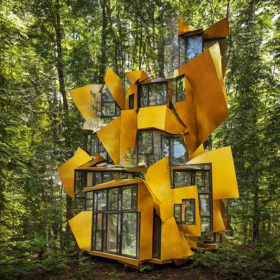 Image similar to a tiny house in the forest, designed by Frank Gehry. Tiles. Film grain, cinematic, yellow hue