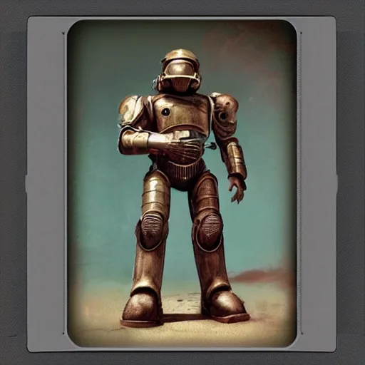 Image similar to polaroid hyper realistic fallout New Vegas brother hood of steel paladin in t-51b power armor by Tarkovsky