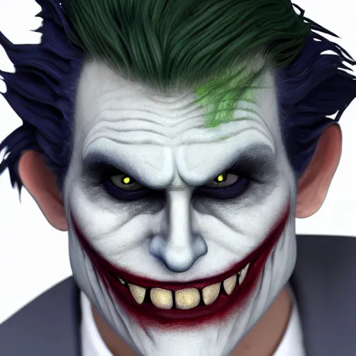 Prompt: octane render of a human version of the trollface meme with joker makeup and wearing a suede jacket and jeans, 8 k, very detailed, very intricate, white background,