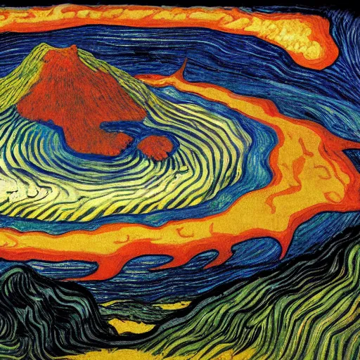 Image similar to a volcano at night, artwork by junji ito and van gogh, junji ito, van gogh