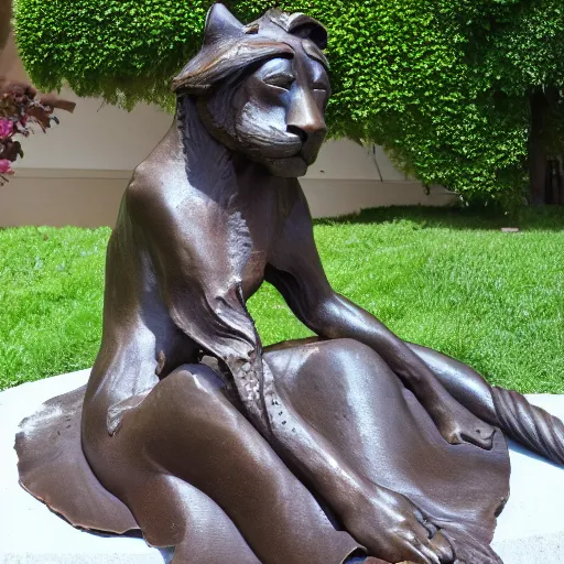 Prompt: a bronze sculpture of a lioness sitted peacefully ando magnificent. 4k photos