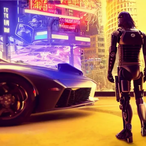 Image similar to ultra realist render of robocop facing keanu reeves in cyberpunk 2 0 7 7, symmetry accurate features, focus, very intricate ultrafine details, aqua volumetric lights, award winning masterpiece, octane render 8 k hd