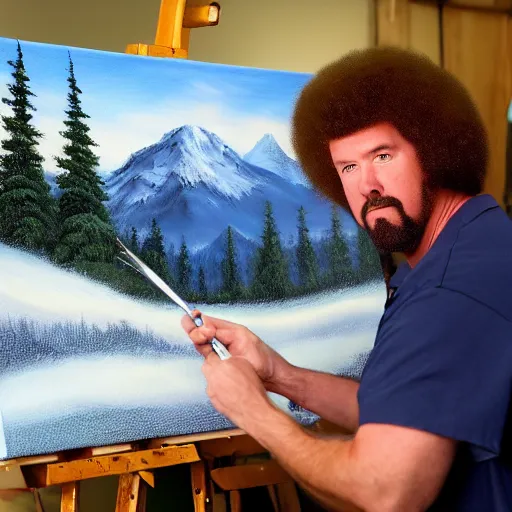 Image similar to a closeup photorealistic photograph of bob ross putting the finishing touches on a canvas painting of kenny powers. mountains and trees. film still. brightly lit scene. this 4 k hd image is trending on artstation, featured on behance, well - rendered, extra crisp, features intricate detail, epic composition and the style of unreal engine.