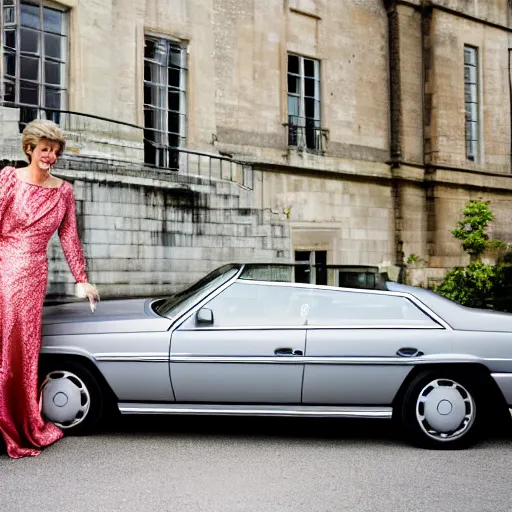 Image similar to award winning photograph of Princess Diana next to a silver Mercedes-Benz W140, Nikon D810, Sigma 35mm ƒ/2.5, award-winning, beautiful, photorealistic, detailed, portrait,