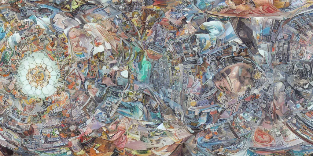 Image similar to multilayer 4 k photorealistic full color gradient pattern of escher style 3 6 0 panorama with hieronymus bosch style bubbles, unfinished, very detailed