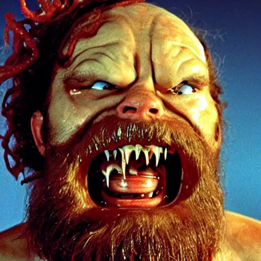 Image similar to bearded man with living teeth and tentacles in the style of the horror film The Thing 1982. Filmic.